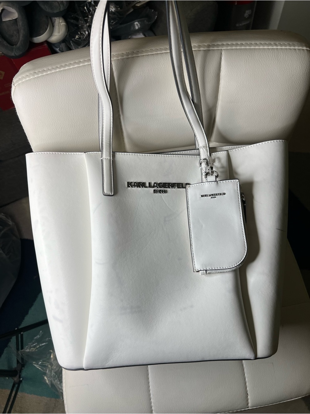 Karl Lagerfeld White Tote with Card Pouch and Silver Logo